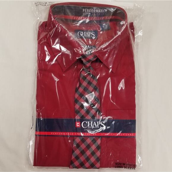 Chaps Kids Dress Shirt W/Easy-Clip Tie Size XXS/4-5 Red Long Sleeve Stretch New - Picture 1 of 7
